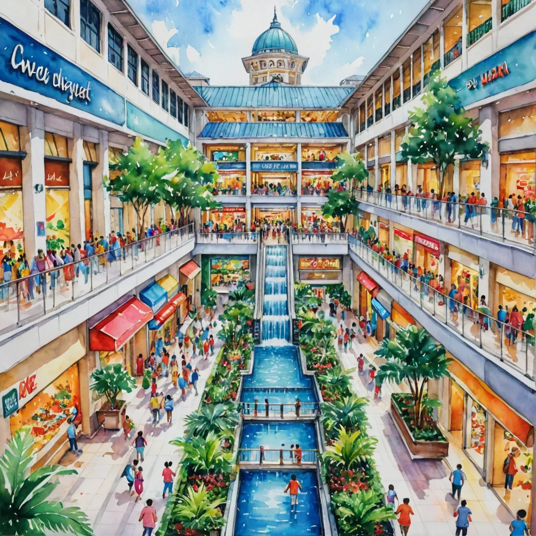 ivid watercolor painting of a bustling mall scene, bright colors and high contrast, shoppers strolling leisurely, animated fountains in the center, escalators leading to multiple levels, neon signs advertising stores and restaurants, lush greenery surrounding the building, playful children's laughter filling the air.