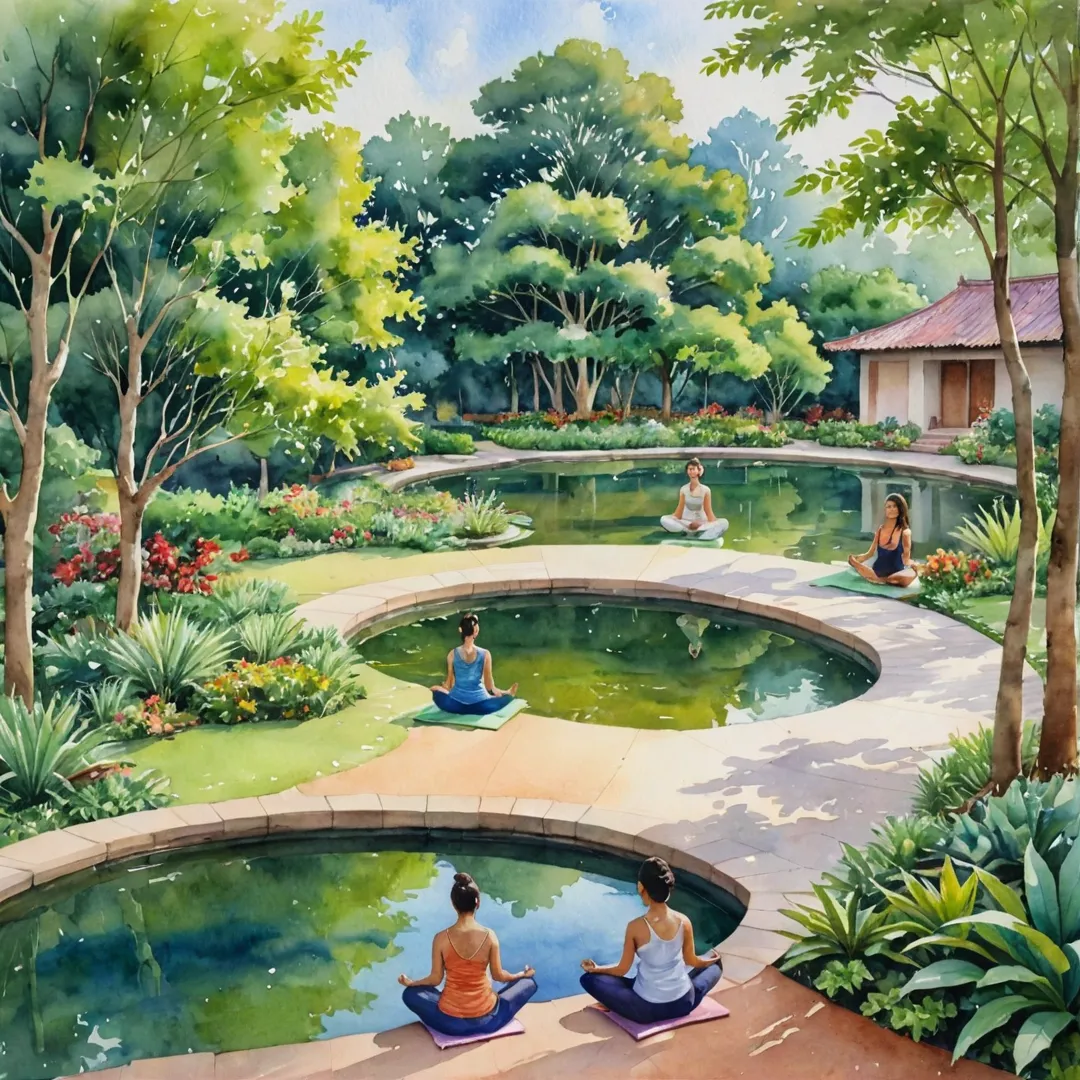 eaceful watercolor painting of a serene meditation garden, with lush greenery and a calming pond, reflecting the tranquil surroundings. The scene depicts a group of people sitting in various yoga poses or meditating on mats, under the shade of trees, while others walk around mindfully. In the background, one can see a glimpse of a community center and residential buildings, blending harmoniously with nature. The watercolor painting conveys a sense of calmness and unity, capturing the essence of the Alitaa meditation courts in Kacharakanahalli, Bangalore East.