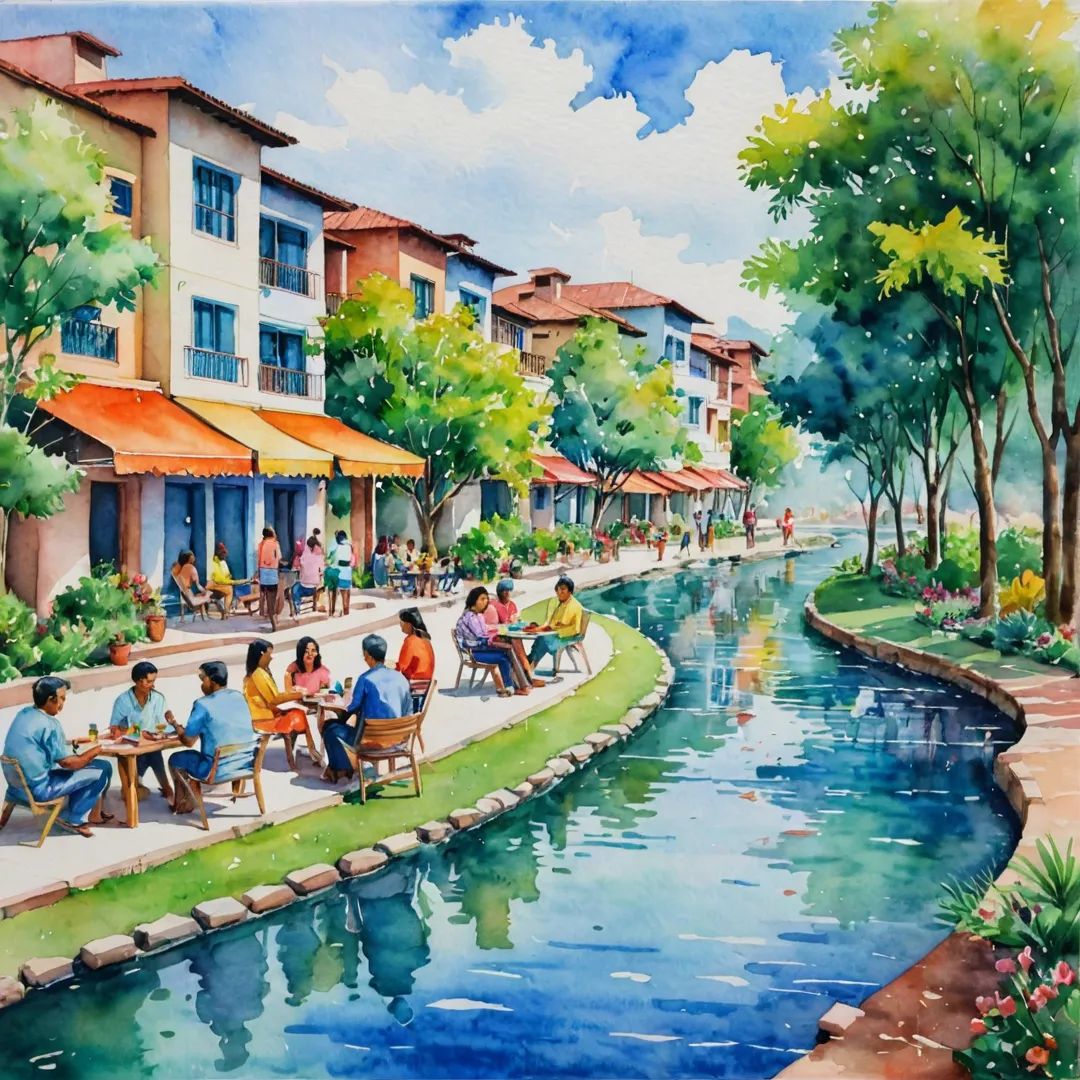 olorful, community, event, space, residents, socializing, nature, watercolor painting