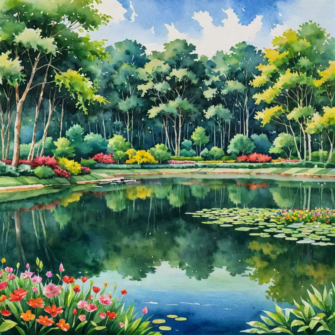 ibrant watercolor painting of a serene residential community with lush green spaces and colorful flowers, nestled amidst towering trees and a picturesque lake, highlighting the harmonious blend of nature and modern living at Alita Prime Real Estate Advantage in Kacharakanahalli, Bangalore.