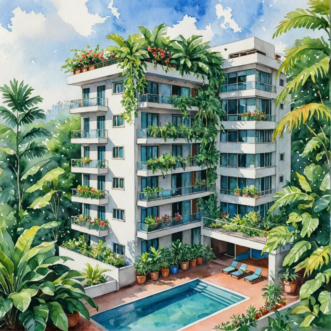 ush apartment building surrounded by greenery, modern design, balconies with potted plants, swimming pool in the background.