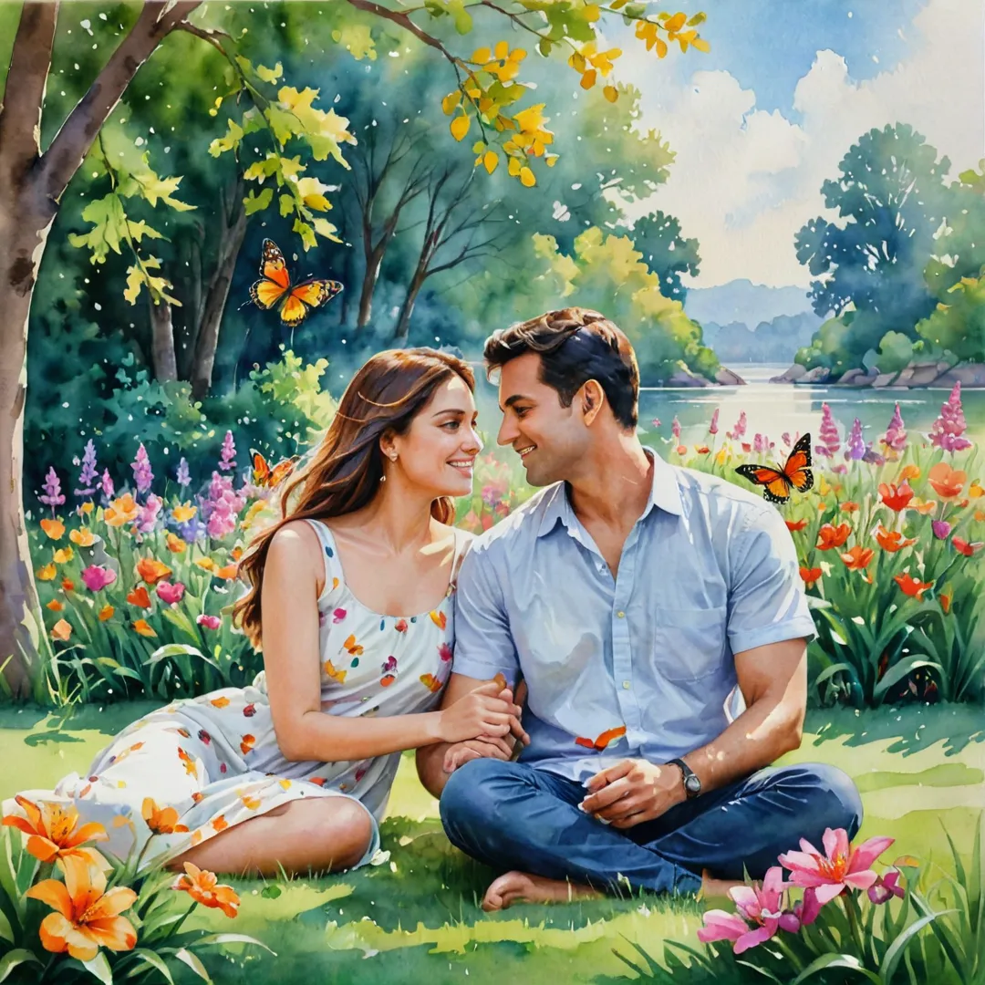 oyful couple sitting on the grass, watching a colorful butterfly land near them, surrounded by vibrant flowers and trees in full bloom, as they share an intimate moment under the warm sunlight.