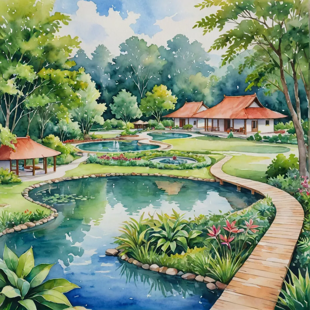 tercolor painting of a serene wellness center environment, surrounded by lush greenery and calming water bodies, featuring a beautiful pathway leading to the center, with yogis and fitness enthusiasts practicing in the foreground, while an ayurvedic healing center and organic farm can be seen in the background, showcasing a harmonious blend of wellness activities in a vibrant natural setting