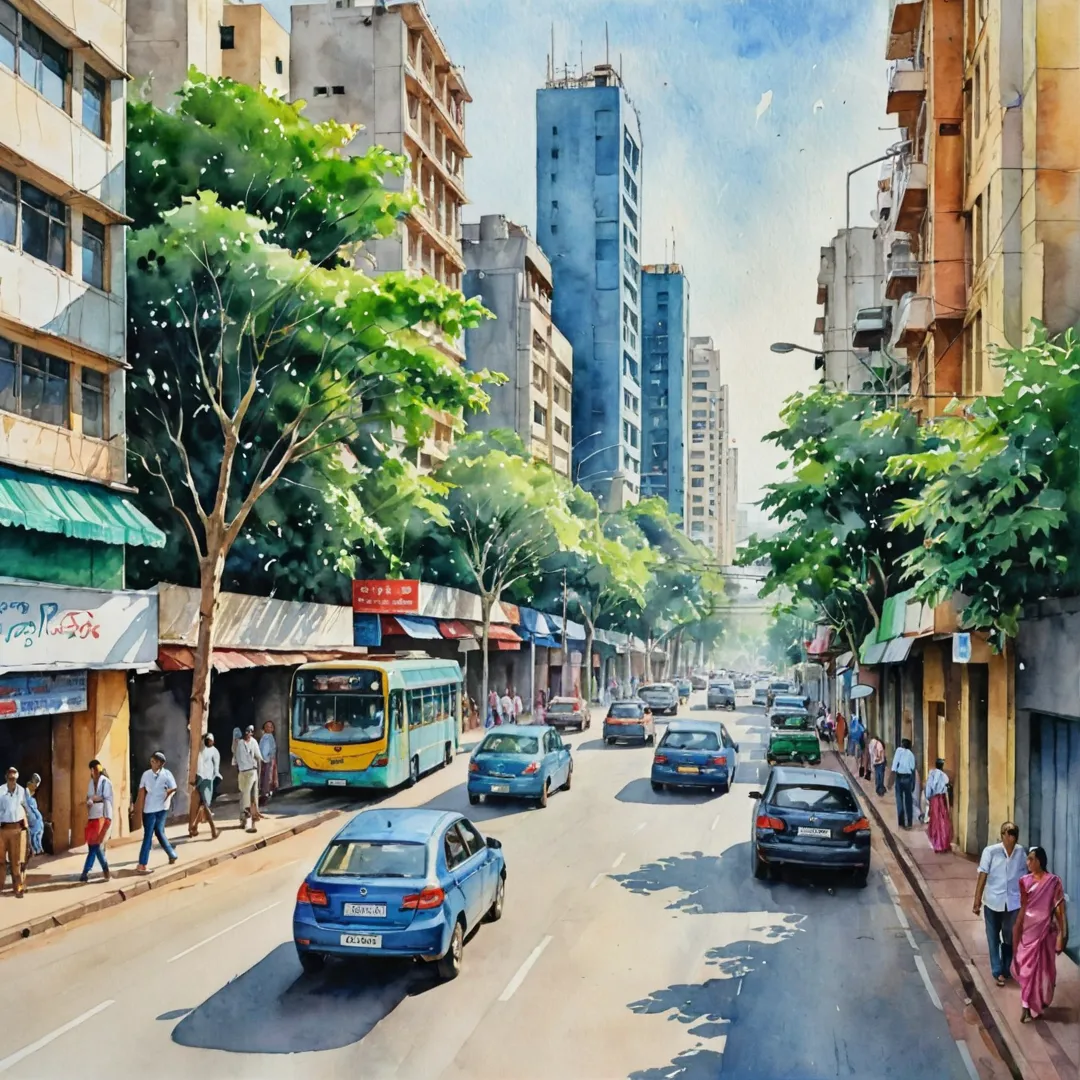 ivid watercolor painting of a bustling Bangalore street scene, featuring Alita in the background with its modern architecture and lush green spaces, people walking leisurely or rushing to their destinations, and an overall sense of growth and opportunity.