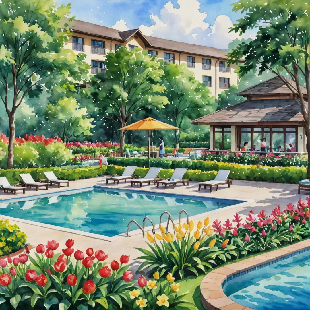 ater color painting of a vibrant community with people engaged in various activities, surrounded by lush greenery and colorful flowers. The scene depicts a shared workspace lounge with residents working on laptops, discussing ideas, or simply relaxing while enjoying the beauty of their environment. In the background, a state-of-the-art clubhouse boasts amenities such as a swimming pool and badminton courts, inviting residents to participate in leisure activities or socialize with neighbors. The image captures the essence of health, wellness, and community living at Alita.