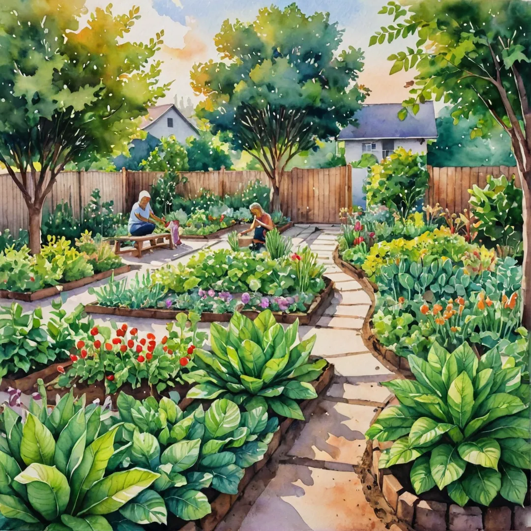 atercolor painting of a community garden at sunset, with lush green plants and vegetables growing in harmony. People of different ages and backgrounds are working together to tend the garden, laughing and sharing stories. In the distance, you can see a gated community called Alita, designed with sustainability in mind, surrounded by open green spaces and beautiful landscapes. The scene is warm and inviting, promoting a sense of belonging and connection to nature.