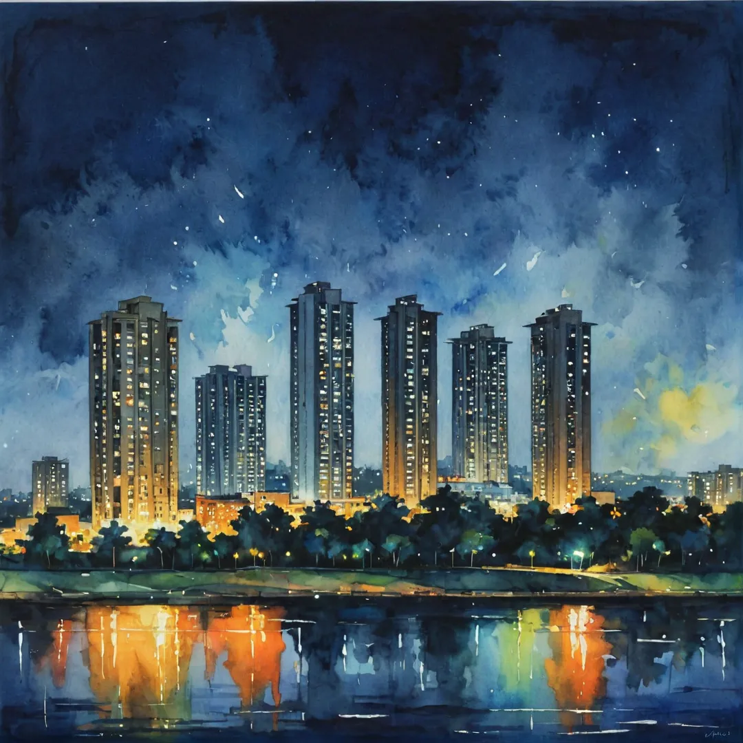 ibrant photo of a city skyline at night, Whitefield prominently visible in the background, apartment buildings and commercial hubs lit up against the darkening sky, creating an ethereal glow.