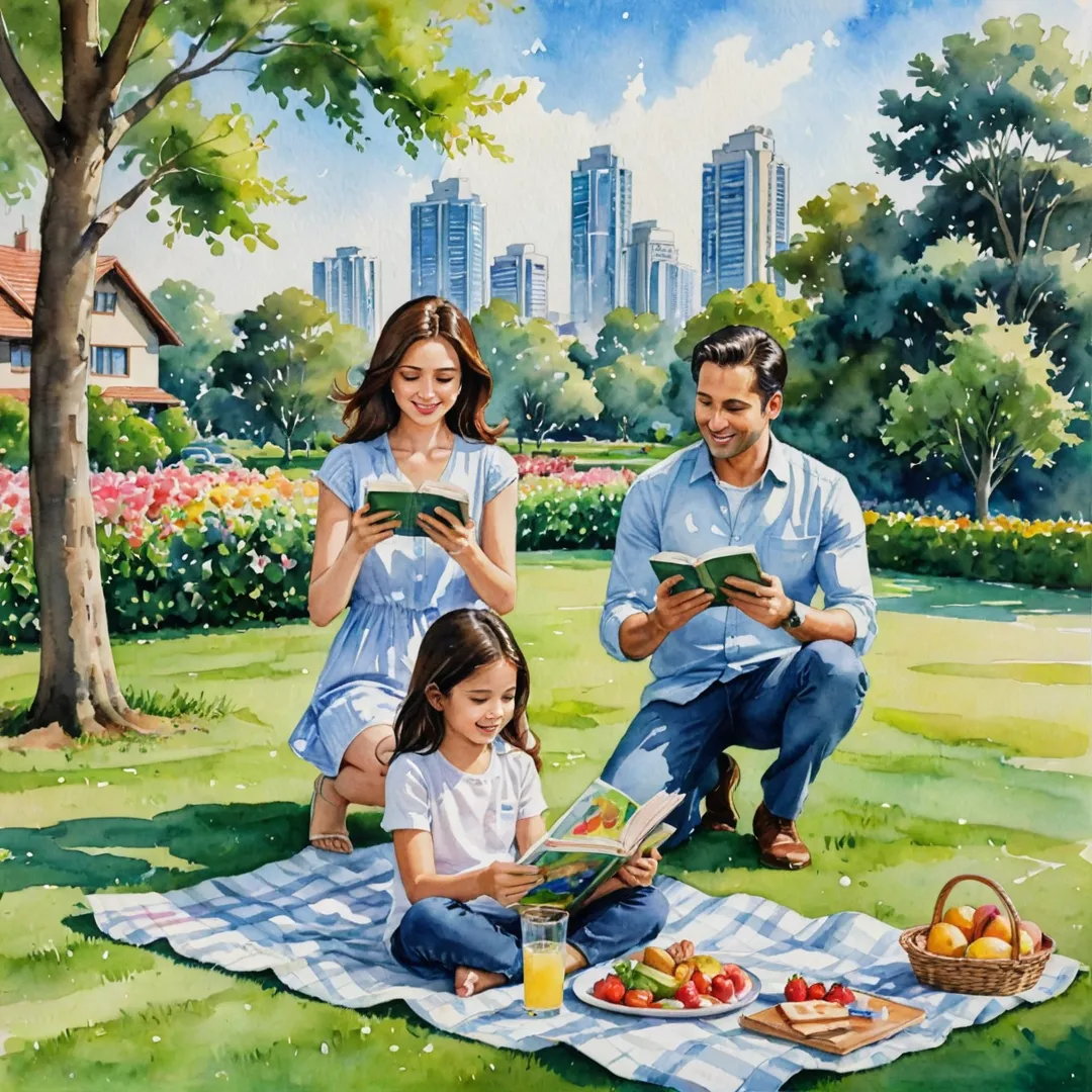 ater color painting of a happy family, parents and children, enjoying a picnic in the park near their luxurious home. The father is teaching his son to toss a frisbee while the mother reads a book with her daughter on the grassy field underneath the trees. They are surrounded by lush greenery, colorful flowers, and the serene beauty of nature. In the background, one can see the tall buildings and modern architecture of Alita, blending seamlessly with the natural environment.