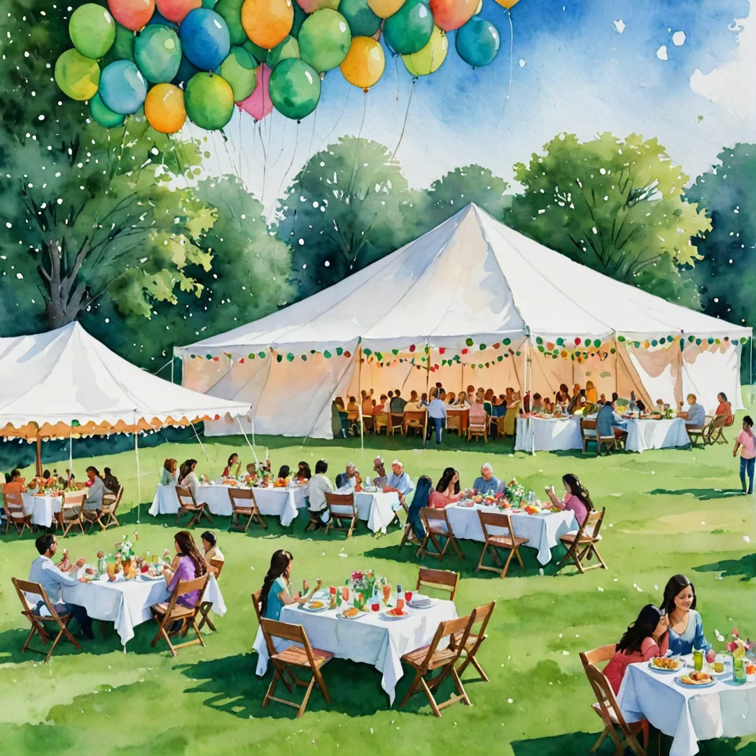 atercolor painting of a lush green lawn, event tent with twinkling lights strung across it, colorful balloons floating in the air, and families gathered around a table enjoying delicious food, laughter filling the scene.