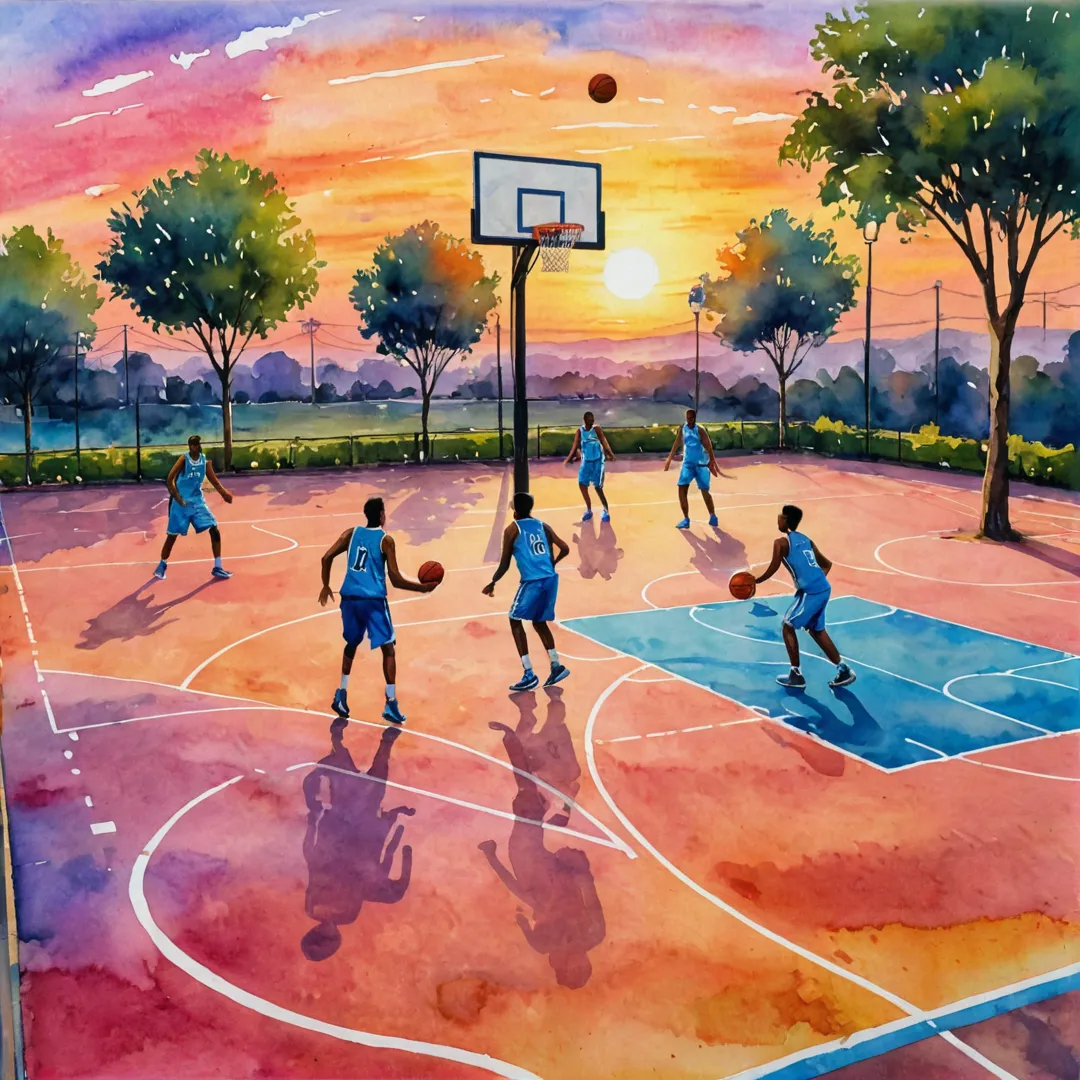 hoto of a basketball court at sunset, players in action, vibrant colors, community atmosphere.