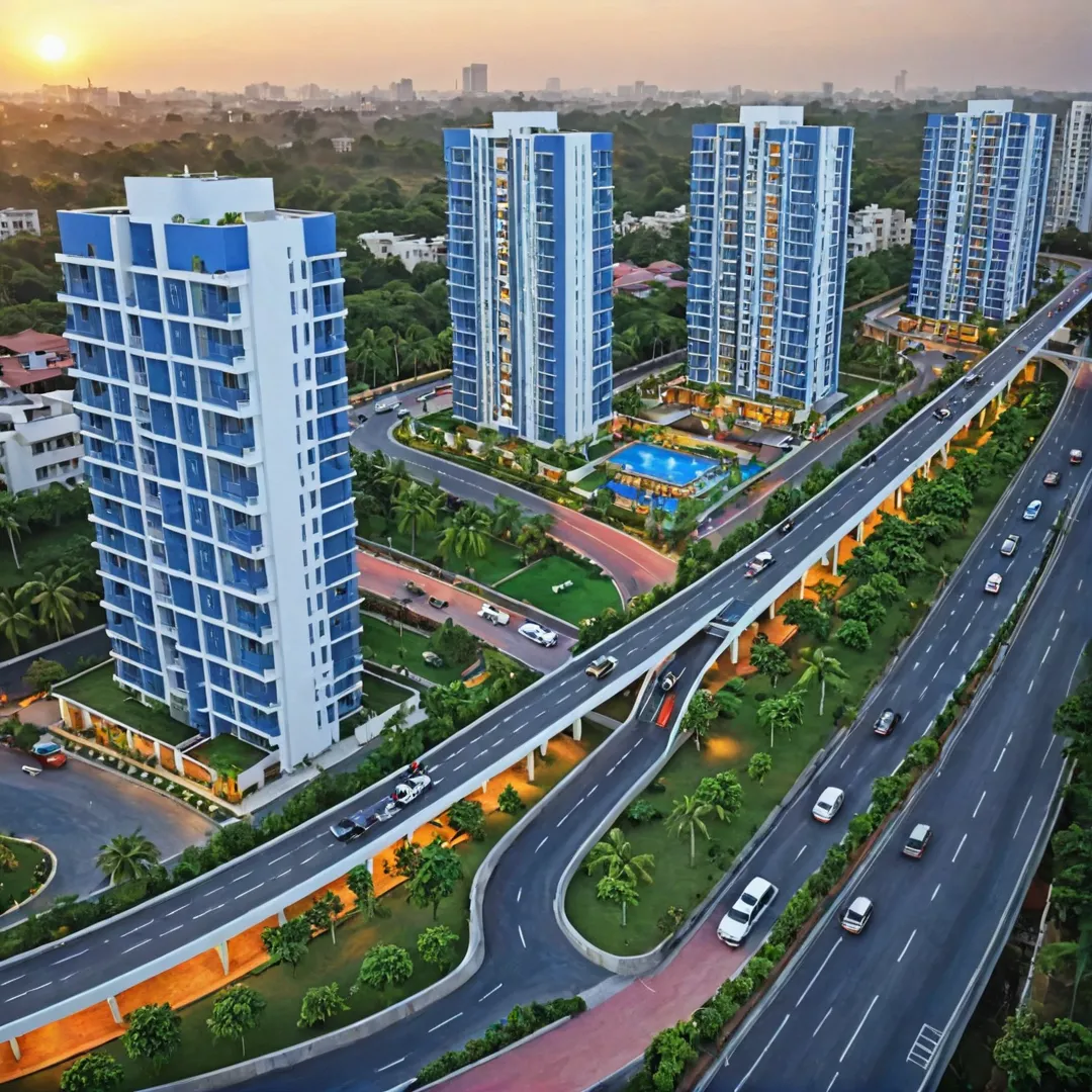 trategic Location: A colorful 3D illustration of Alita, a modern residential complex in Kacharakanahalli, Bangalore. The image showcases the vibrant and diverse architecture of the buildings, surrounded by greenery and landscaped gardens. In the background, various modes of transportation, such as cars, buses, and bicycles, indicate the excellent connectivity provided by nearby roads like the Satellite Town Ring Road and National Highway 207. The skyline features a stunning sunset, highlighting the peaceful and picturesque environment that residents enjoy at Alita.