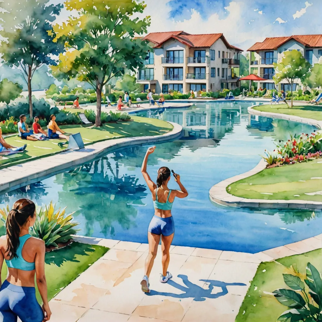 ctive people enjoying fitness and recreational activities in a modern, nature-infused community.