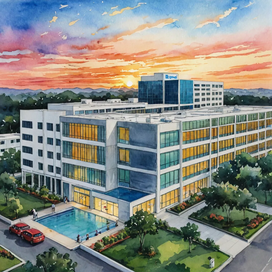 xterior shot of a modern hospital building, bustling with activity, sunset in the background, state-of-the-art technology inside.