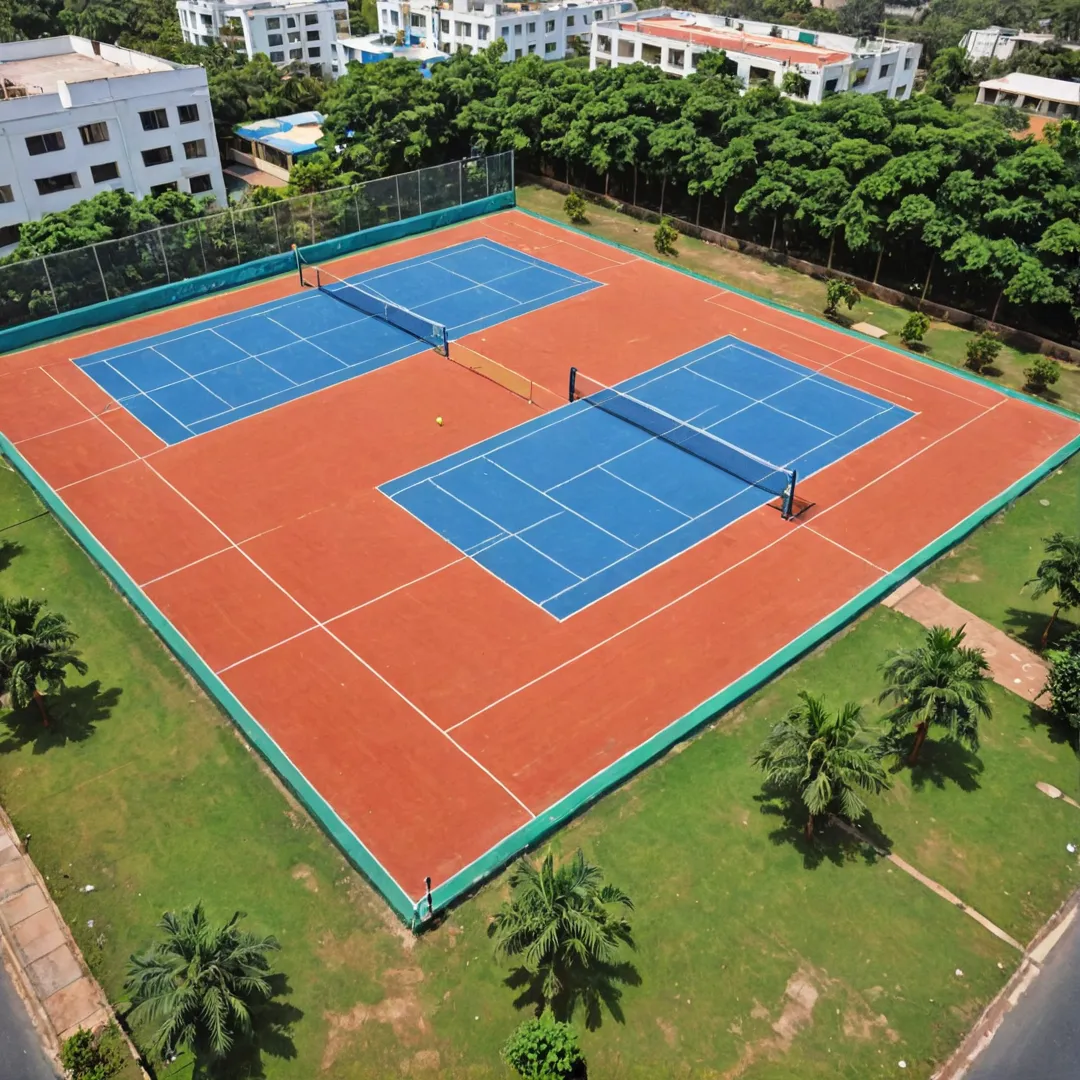 hoto of a well-maintained, modern sports complex in Bangalore, featuring various amenities such as badminton courts, basketball courts, cricket pitches, running tracks and multipurpose grounds. The image should showcase the vibrant colors and active lifestyle promoted by Alita Sports Amenities.