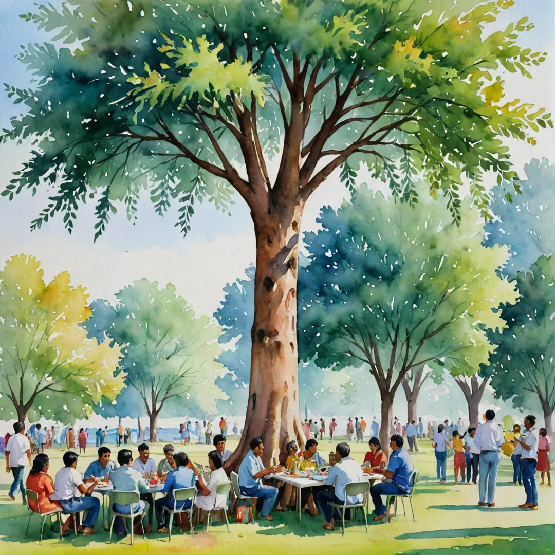 eople socializing around a tree, diverse trees in the background, serene atmosphere, community gathering place.