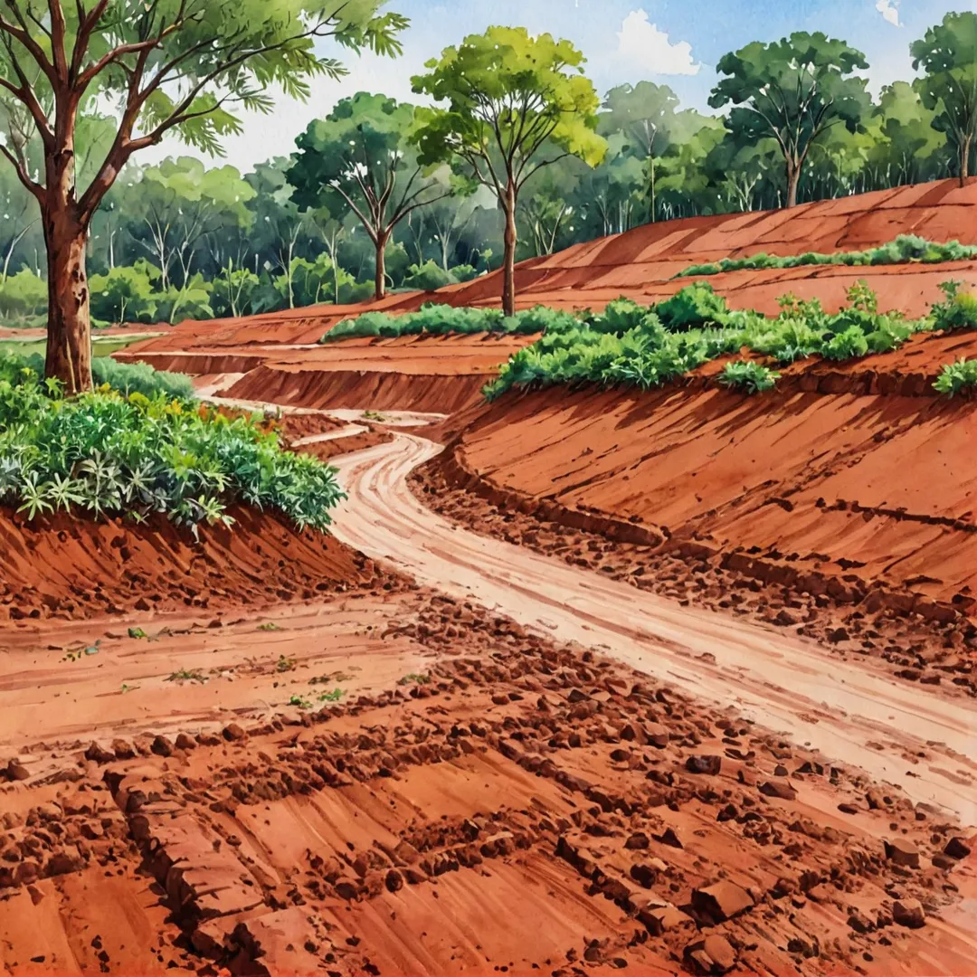 igh detailed image of red soil landscape, sustainable environment, thriving plants and trees, Alita project, Bangalore East, India