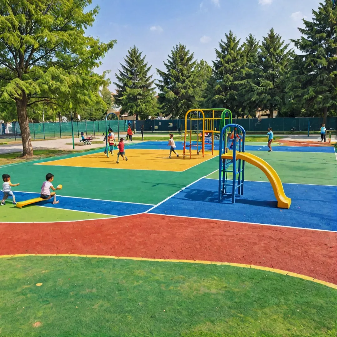 hildren playing on colorful playground equipment, parents watching from benches, bright sunlight, green grassy area, sports facilities, tennis courts, basketball courts, jogging track, seating areas, park scenery, safety measures, sustainability, stormwater management, rain gardens, permeable surfaces