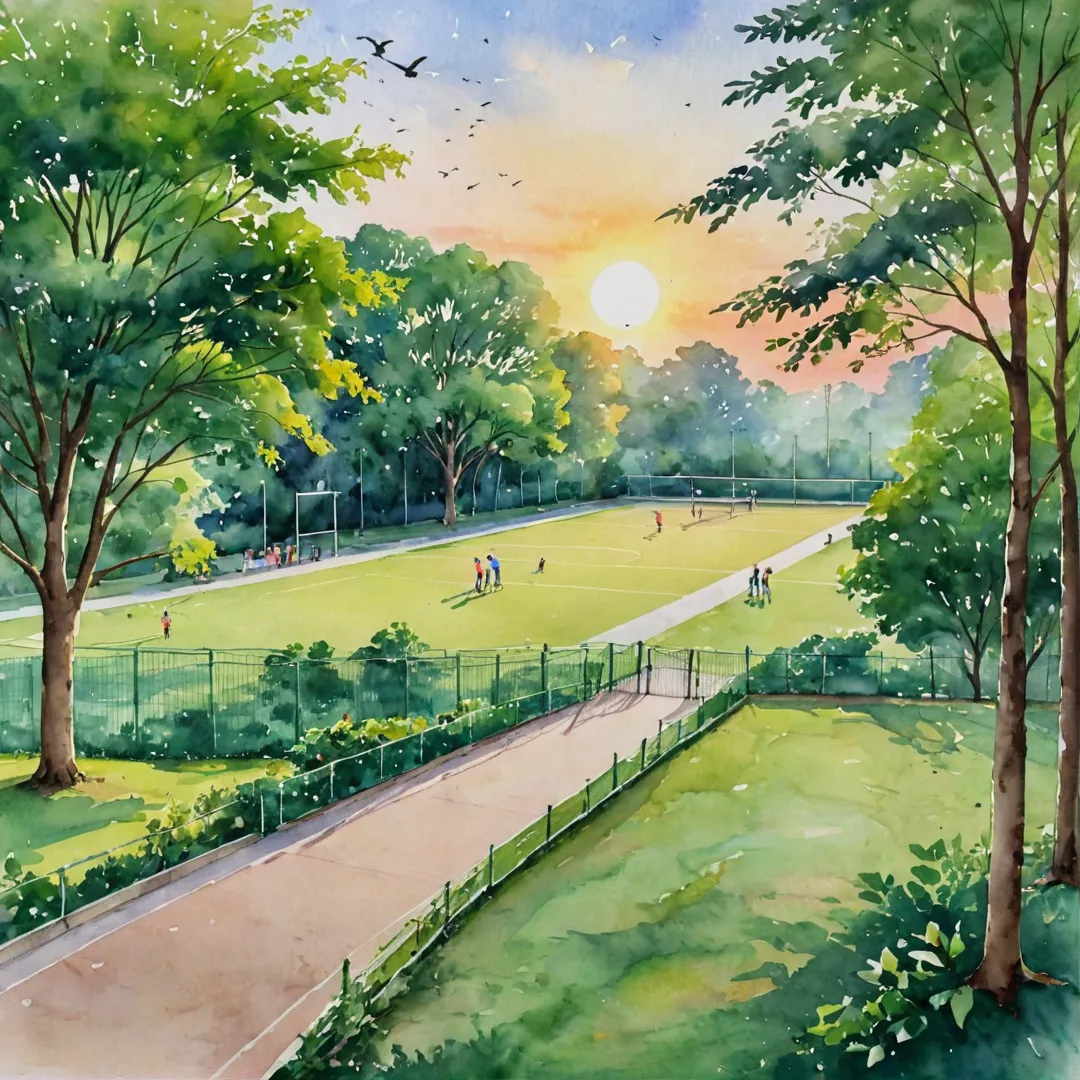 atercolor painting of a vibrant, green park with a running track winding its way through lush vegetation. In the distance, a basketball court and badminton court are visible, as well as a group of people playing cricket on an open field. The sun sets in the background, casting warm light over the scene, while birds fly gracefully above the sports enthusiasts below.