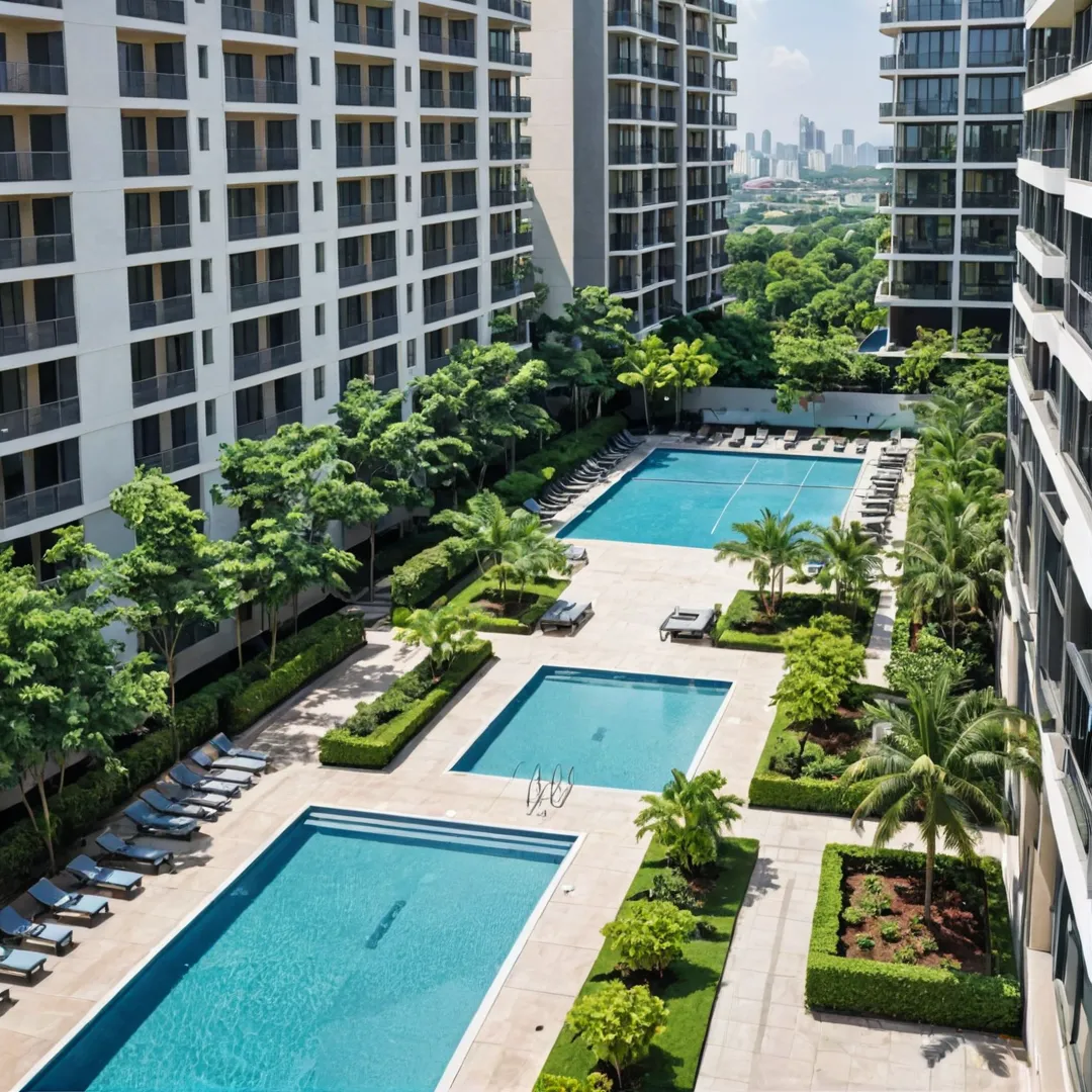 xpansive living space, modern architecture, high-rise buildings, bustling cityscape, lush greenery, outdoor activities, open spaces, luxurious amenities, clubhouse, swimming pool, gym, badminton courts, table tennis tables, work-from-home options, shared workspace lounge, diverse neighborhood, family-friendly environment.