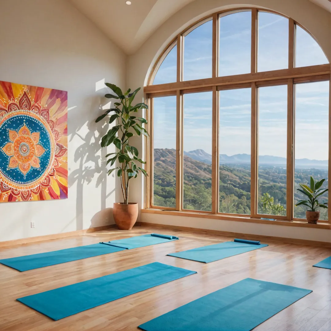 etailed image of a yoga studio with large windows, offering breathtaking views of a serene landscape. The room is well-lit and spacious, accommodating various poses and exercises for individuals of all ages and fitness levels. Vibrant colors and intricate patterns adorn the walls, creating an inviting atmosphere for self-discovery and personal growth.