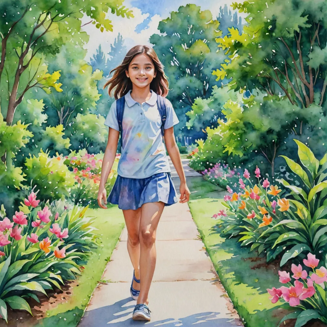 olorful watercolor painting of a young girl happily walking towards her school, surrounded by lush greenery and brightly colored flowers. The sky is a mix of soft pastel shades, creating a peaceful and serene atmosphere.