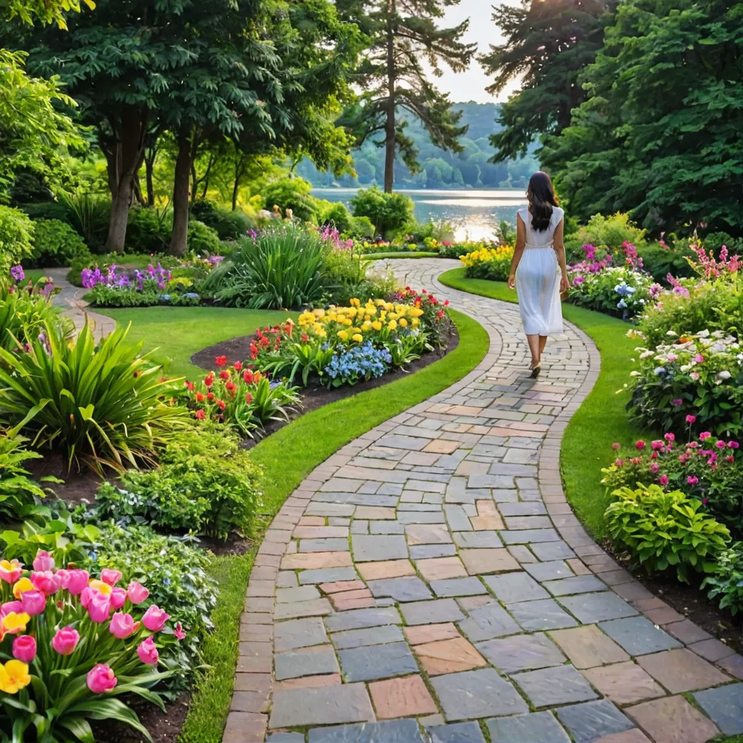  young woman strolls leisurely along a winding pathway, flanked by lush greenery and colorful flowers. The sun casts warm golden light on the well-manicured lawns as she makes her way towards a picturesque lake in the distance. The pathway is meticulously designed with paving stones, creating an inviting ambiance for pedestrians to enjoy their surroundings.