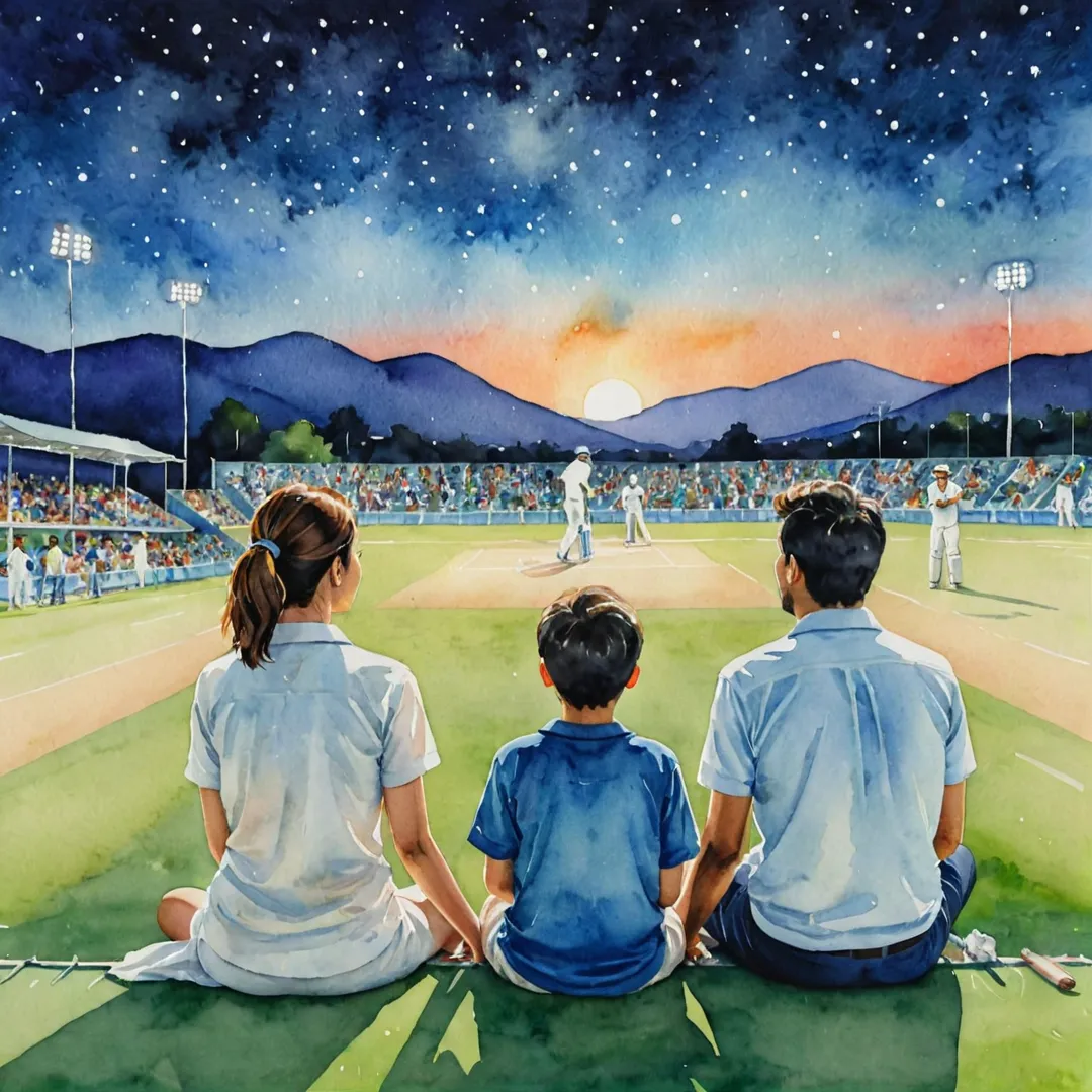 atercolor painting of a family enjoying an evening cricket match at Alita, bonding over the sport they love, under a starry sky, vibrant colors, community spirit