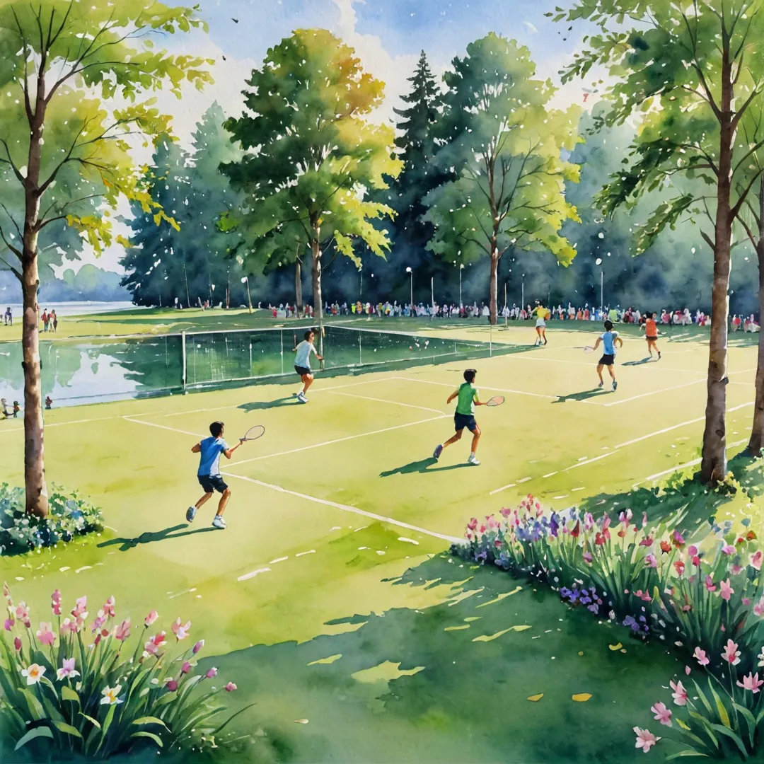 atercolor painting of a lively badminton match, with players in motion, jumping and swinging their rackets under the warm sunlight. The court is surrounded by vibrant green grass, blooming flowers, and tall trees swaying gently in the breeze. Children playing on a nearby cricket pitch are heard laughing as they chase after the ball. In the background, people can be seen enjoying their leisure time on running tracks or simply relaxing near a peaceful lake. The overall atmosphere is one of joy and camaraderie that embodies the spirit of Alita's sports community.