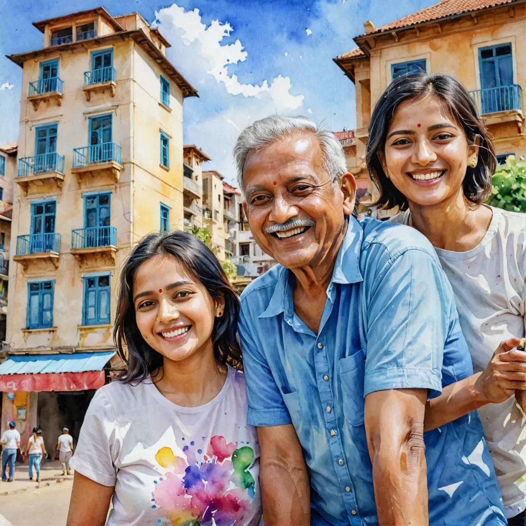 oyful, colorful, watercolor painting, bangalore, alita, beautiful buildings, blue sky, fun seekers, people enjoying themselves, smiling faces, vibrant colors, young couple, old man, happy moments