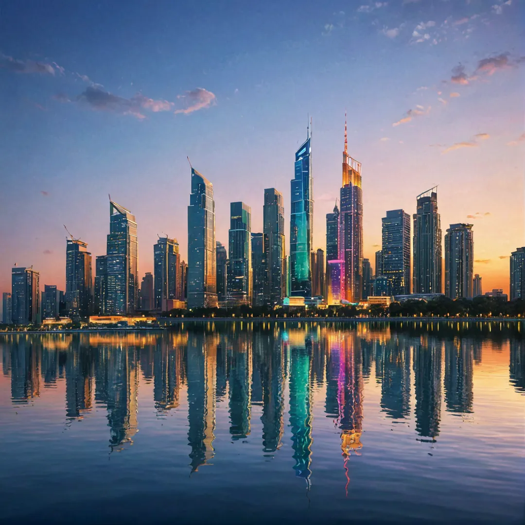 igh-quality 3D render of a modern city skyline at dusk, with tall buildings lit up in various colors, reflecting off a calm lake below. The image features Alita's development project prominently, showcasing its innovative design and sustainable architecture amidst the vibrant urban landscape.