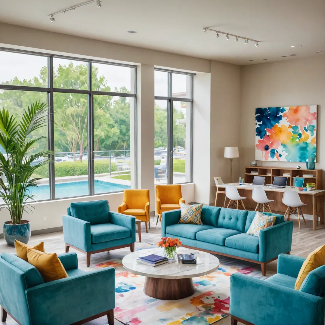 olorful watercolor painting of a communal workspace lounge in an upscale residential community, featuring comfortable seating arrangements, high-speed internet connectivity, and modern office equipment, with residents collaborating and networking while enjoying the peaceful ambiance, natural light, and scenic views.