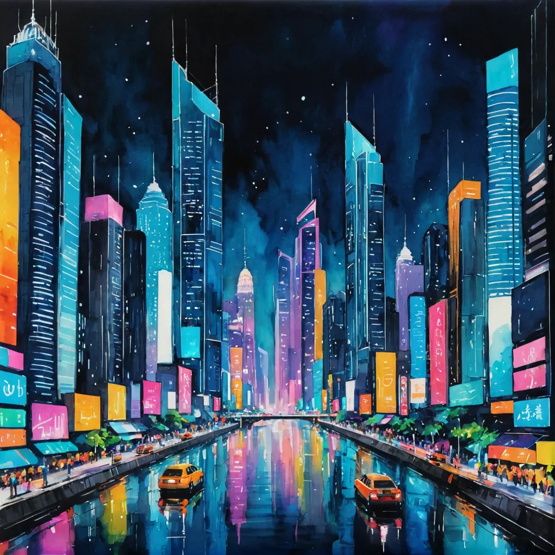 hoto of futuristic city at night, neon lights, skyscrapers, bustling streets, people, technology, vibrant colors