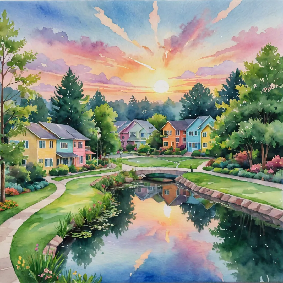 atercolor painting of a tranquil neighborhood with colorful houses, lush greenery, and a serene pond surrounded by walking trails. In the background, there's a glimpse of modern buildings and a metro station symbolizing the convenient location. The sky is painted in soft pastel colors representing the beautiful sunset over the area.