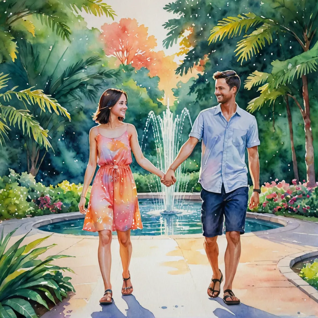 cheerful watercolor painting of Alita residents, a young couple enjoying their evening stroll near the lush greenery and sparkling water fountain. The vibrant colors of sunset illuminate their faces as they hold hands, basking in each other's company and the serene beauty of their surroundings.