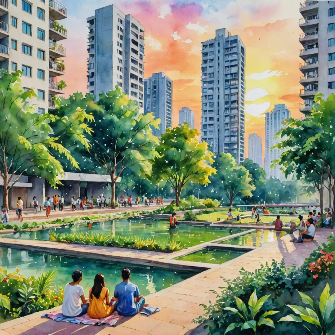 eople relaxing in urban open space with lush greenery, surrounded by modern buildings and a vibrant community. A beautiful sunset casting warm light over the scene, adding an inviting atmosphere to the area.