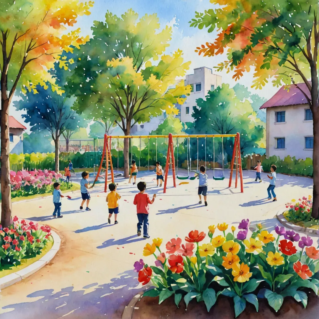 hildren playing in a school playground, surrounded by colorful flowers and trees, under the warm sunlight, smiling, laughing, learning environment, happy parents watching from a distance