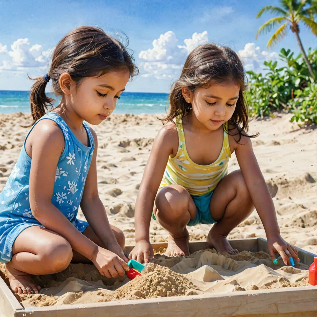 hildren playing in a sandbox with toys, sun shining down, clear blue sky, tropical scenery, watercolor painting style