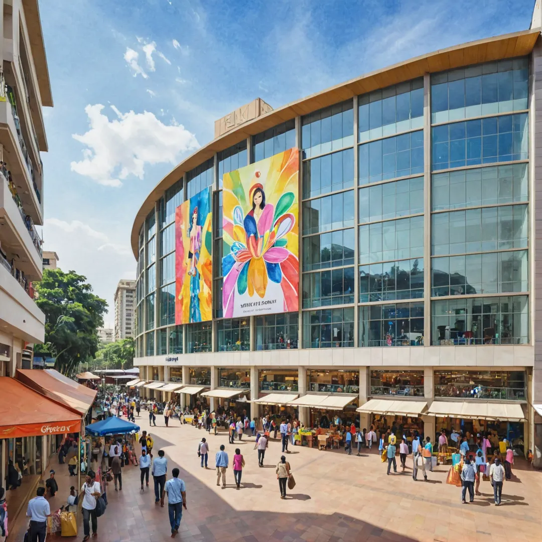 tercolor painting of a modern shopping mall in bengaluru, filled with people walking around, exploring shops and restaurants. the mall features high ceilings, large windows, and a colorful atmosphere. customers are seen carrying shopping bags while others are sitting outside enjoying food at outdoor cafes. various brands like park square mall, nexus shantiniketan mall, phoenix market city, and vr bangalore can be seen advertised on billboards throughout the scene.