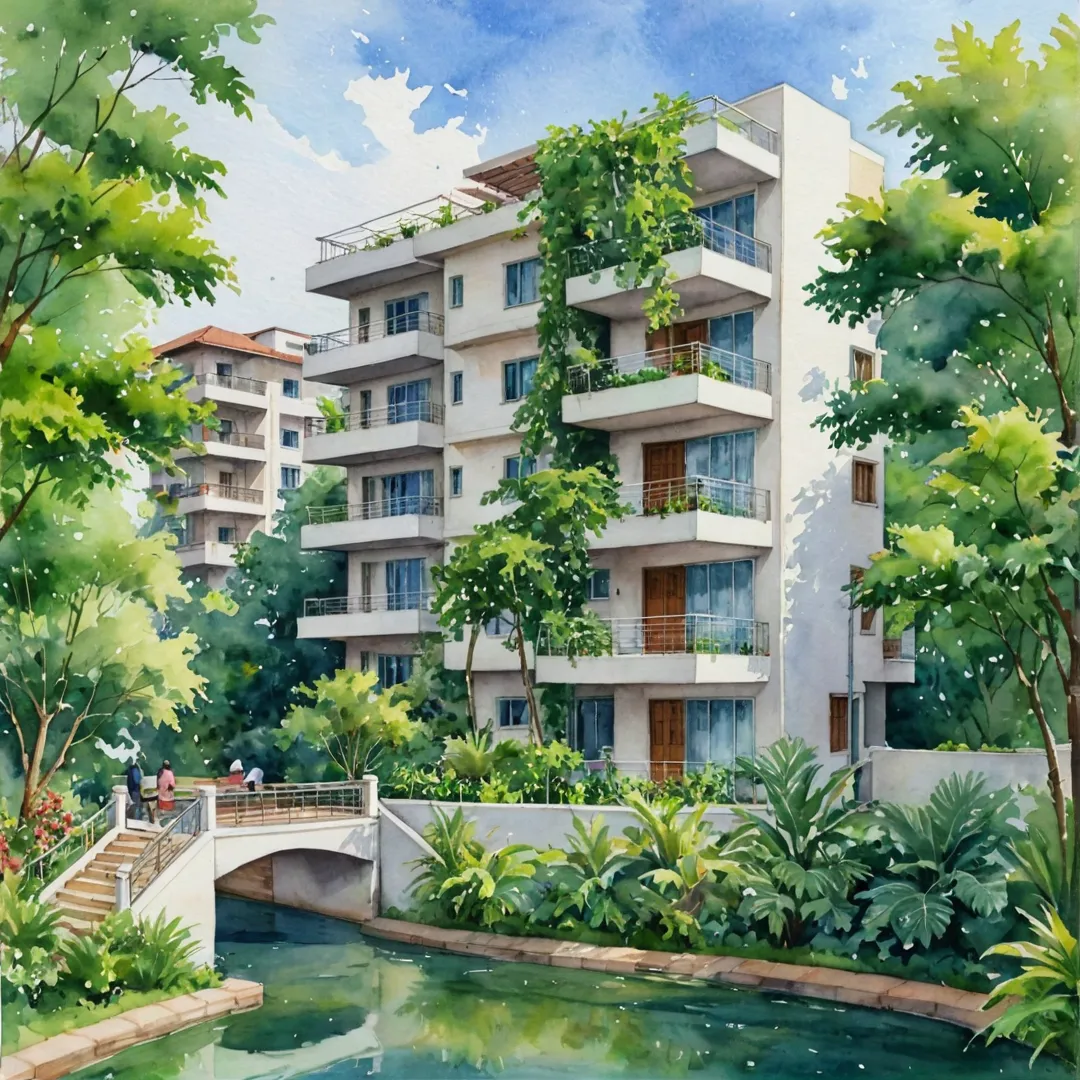 atercolor painting of a serene residential area with lush greenery, featuring a beautifully constructed building that exudes elegance and modernity. The image showcases the perfect harmony between nature and urbanization, highlighting the commitment to compliance and transparency in the development process.