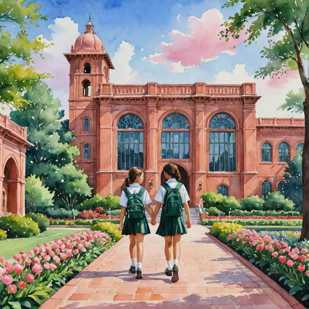  watercolor painting of a young boy and girl, both wearing school uniforms, walking hand in hand towards a prestigious-looking school. The building has a traditional red brick exterior with intricate architectural details like columns and arched windows. In the foreground, there are lush green gardens and colorful flowers in bloom. The sky is painted with soft pastel shades of pink and orange, indicating the beginning of a new day.