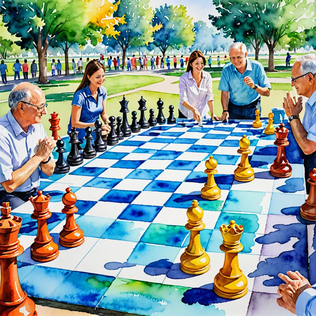 ibrant community park, residents engaged in friendly competition, strategic thinking, giant chess set, watercolor painting, intellectual stimulation, colorful pieces, outdoor recreation, social interaction, harmonious living environment.