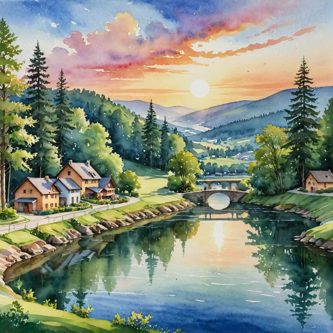 ibrant watercolor painting of a serene sunset over an idyllic landscape, showcasing lush green hills in the background and a tranquil lake with a picturesque bridge, reflecting the warm hues of the setting sun. The foreground features a charming village nestled amidst tall trees, with smoke billowing from chimneys and people engaged in various activities. In the center of the village lies Alita, an inviting community surrounded by well-maintained roads, parks, and recreational facilities that blend seamlessly into its natural surroundings.