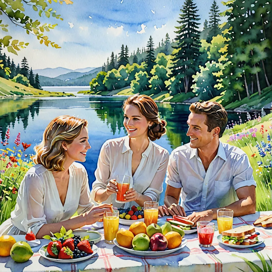 ater color painting of a family of three enjoying an idyllic picnic by a serene lake, the sun casting warm light on their faces and creating soft shadows beneath the trees. They are surrounded by lush greenery and colorful wildflowers, engrossed in conversation and laughter while they share a delicious spread of fresh fruits, homemade sandwiches, and refreshing drinks. The picnic table, adorned with a crisp white cloth and vibrant floral centerpiece, adds to the rustic charm of the scene, as does the distant view of rolling hills in the background.