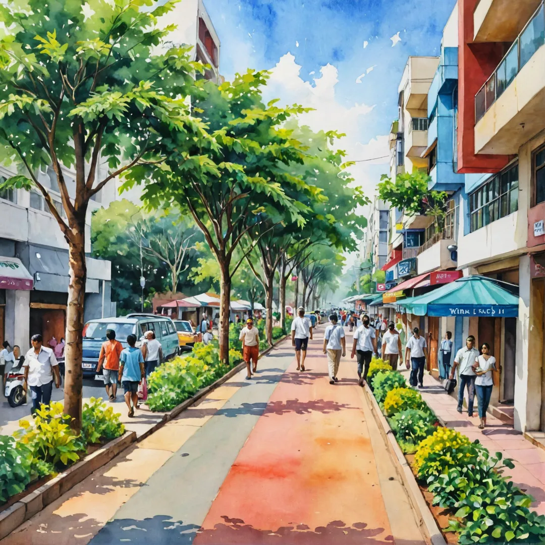 treet scene at Alita, Bangalore East, India - vibrant, colorful, bustling, pedestrian-friendly, well-designed footpaths, lush greenery, diverse architecture, modern, safe, clean, accessible, community living