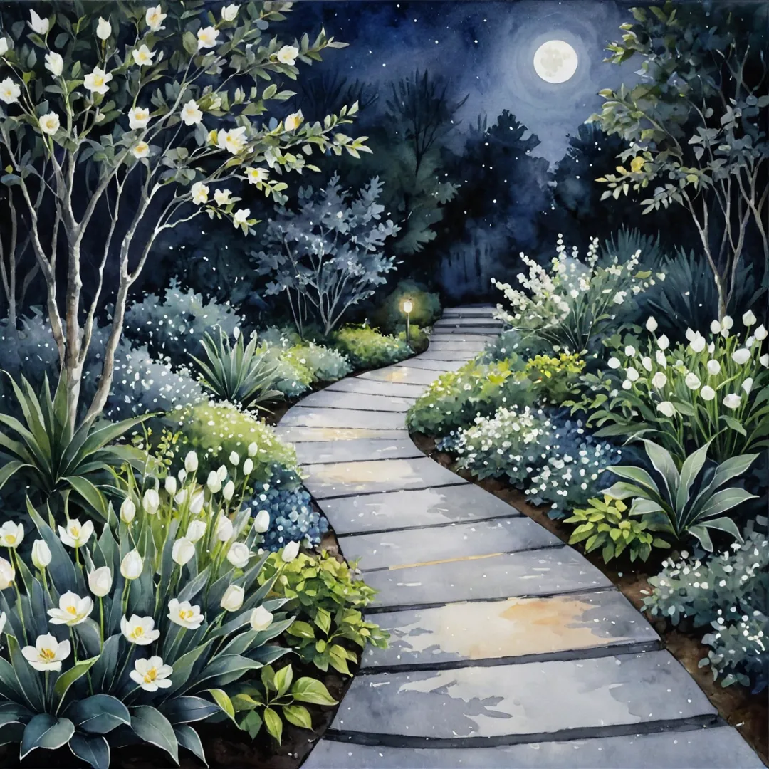 oonlit garden, urban setting, outdoor space, relaxation, tranquility, nighttime beauty, serene atmosphere, illuminated pathways, soft glow of the moon, enchanting ambiance, silvery foliage, white flowers, fragrant plants, low maintenance