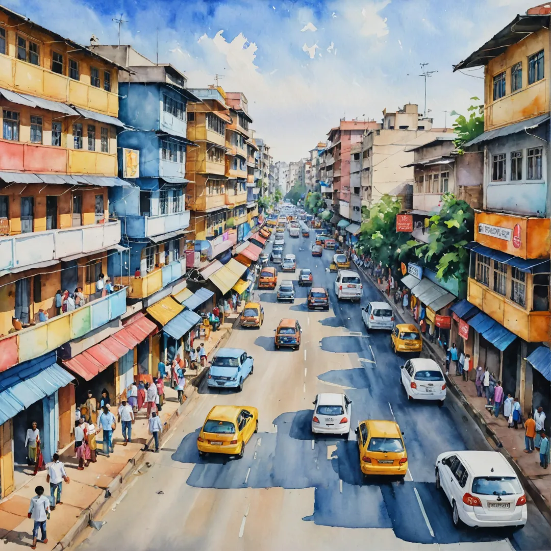 ibrant watercolor painting of a lively street scene in Bangalore East, featuring top-tier schools and international hospitals surrounded by bustling activity, with people walking, children playing, and cars passing by. The artwork captures the essence of Alita's prime location and its promise for residents to lead a balanced life amidst convenience and world-class amenities.