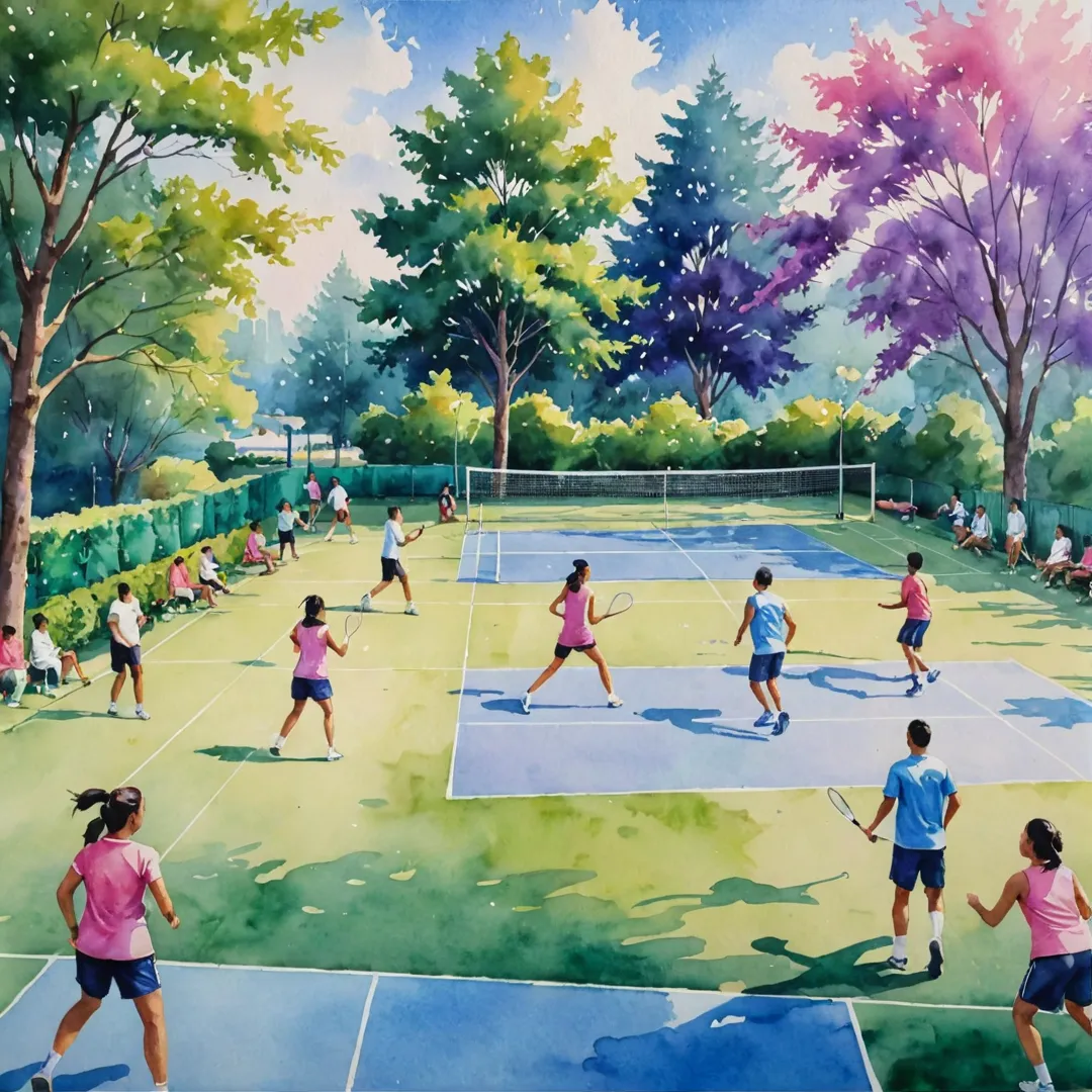 atercolor painting of a vibrant and active outdoor sports scene at Alita, featuring residents engaging in various games and activities such as badminton, basketball, cricket, running, and cultural festivals. The background showcases lush greenery with trees and plants providing ample shade for the courts and grounds. The sky is painted with soft pastel hues of pink, purple, and blue, reflecting the warmth and energy of the community gathered around their shared passion for sports and wellness.