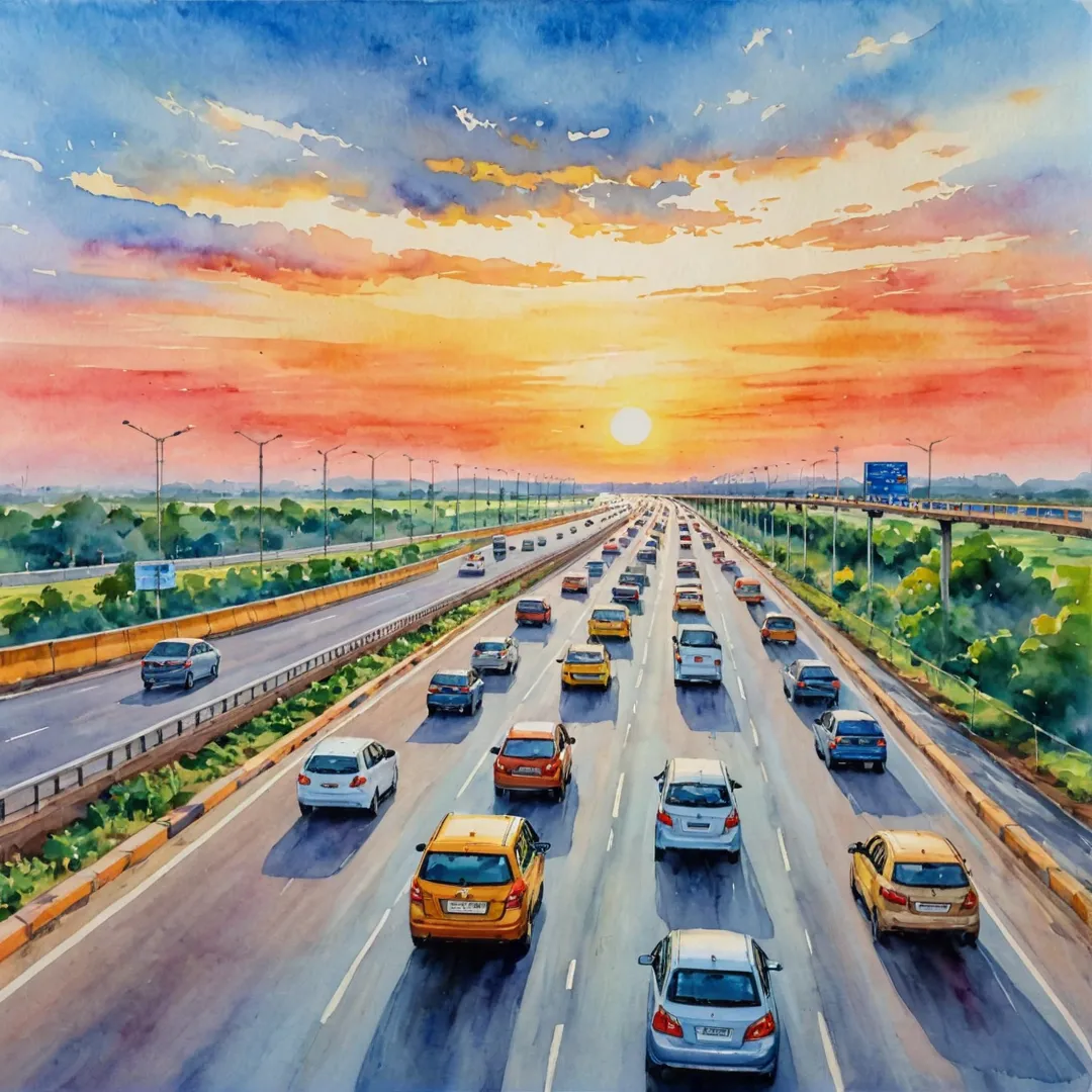 riving scene along Bangalore-Chennai expressway, fast-paced traffic, vibrant colors, modern vehicles, sunset sky, Alita residential project visible in the background, proximity to transportation hubs.