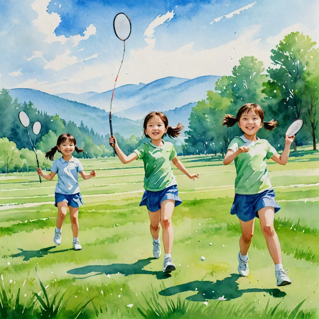 oyful children playing badminton under sunny sky in green field, watercolor painting style