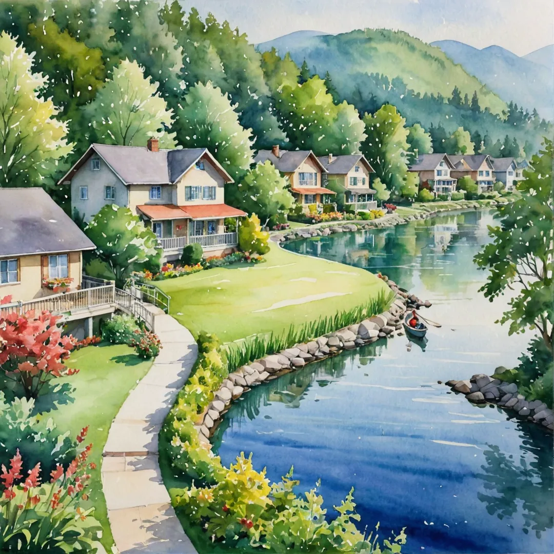 ibrant watercolor painting of a serene residential community nestled in lush greenery, showcasing well-maintained homes and bustling commercial areas. The picture highlights happy families and individuals engaging in various activities, such as enjoying picnics by the lake or taking leisurely strolls along winding paths. A sense of unity and community is evident through friendly interactions between neighbors and passersby.